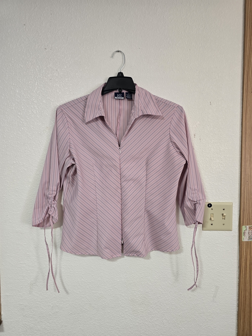 Chaps Striped Pink Button-Front Blouse with Tie Sleeve Detail